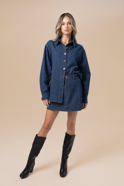 Dakota Two Piece Denim Set - Long Sleeve Top & Mini Skirt