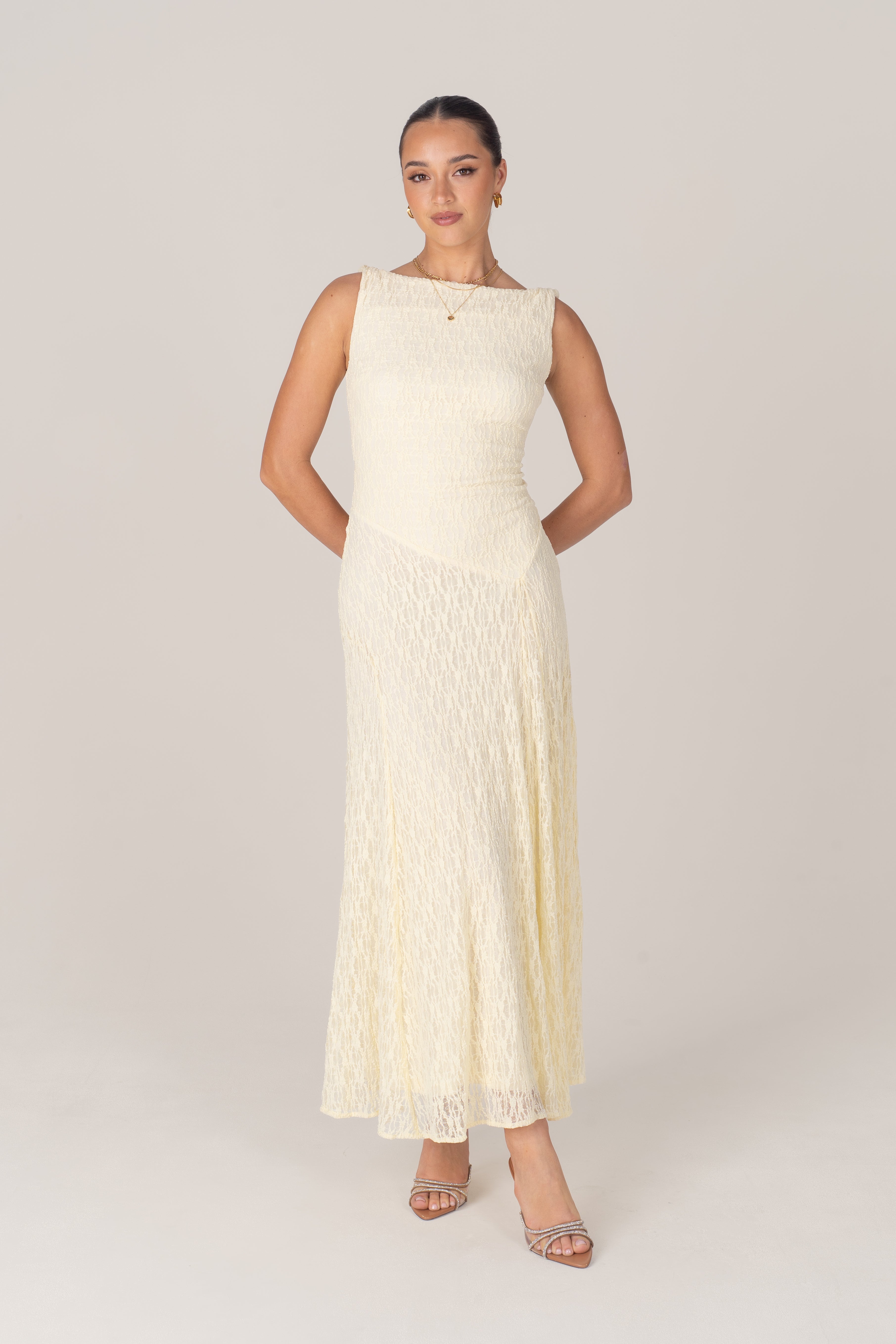 Delia Lace Yellow Maxi Dress with Twist Details