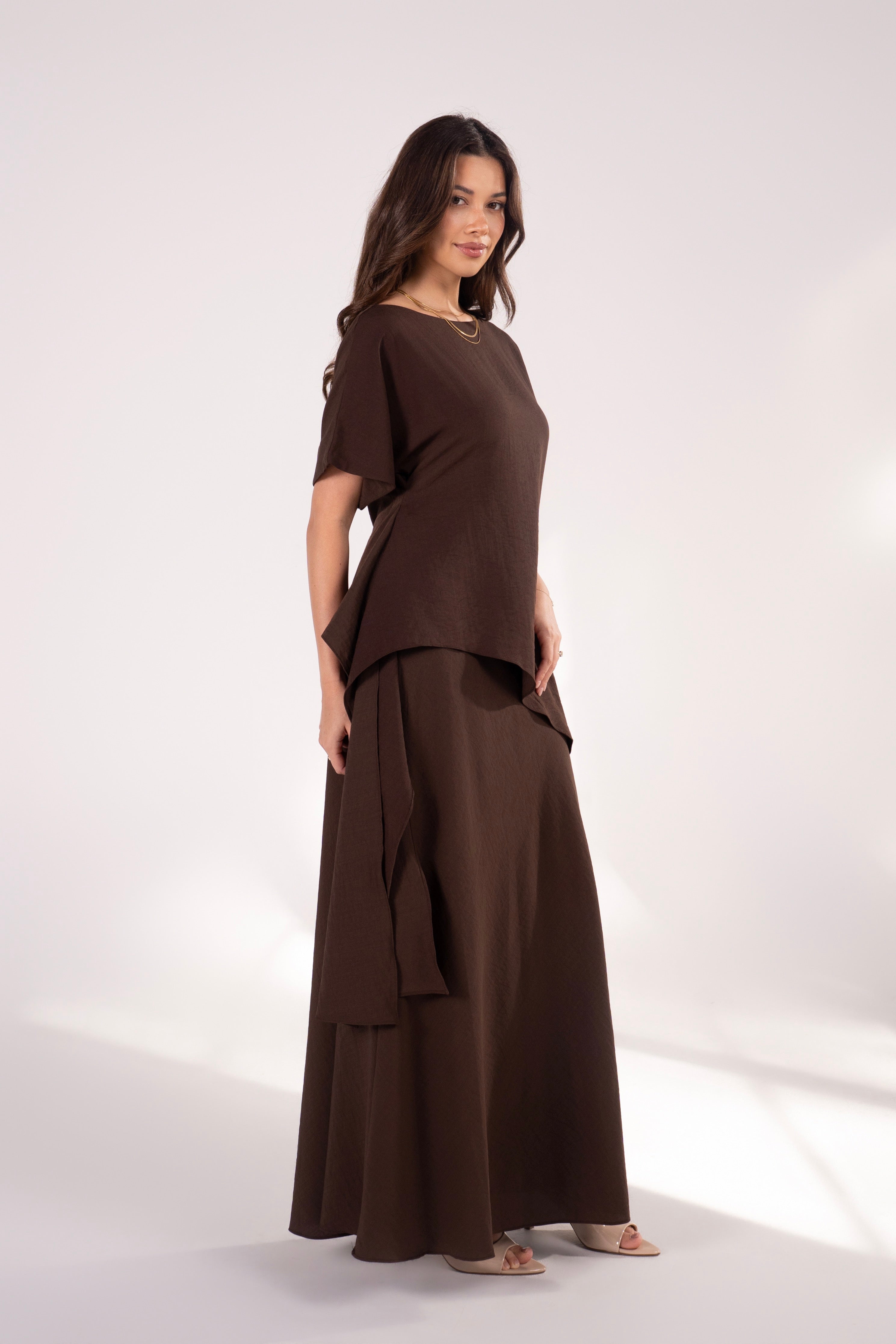 Fleurine Chocolate Short Sleeve Drape Top & Maxi Skirt Set