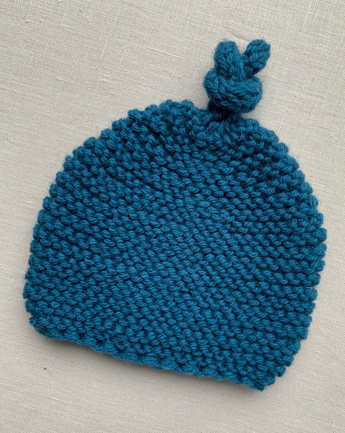Knitted by Nana Top Knot Beanie - Coastal Blue