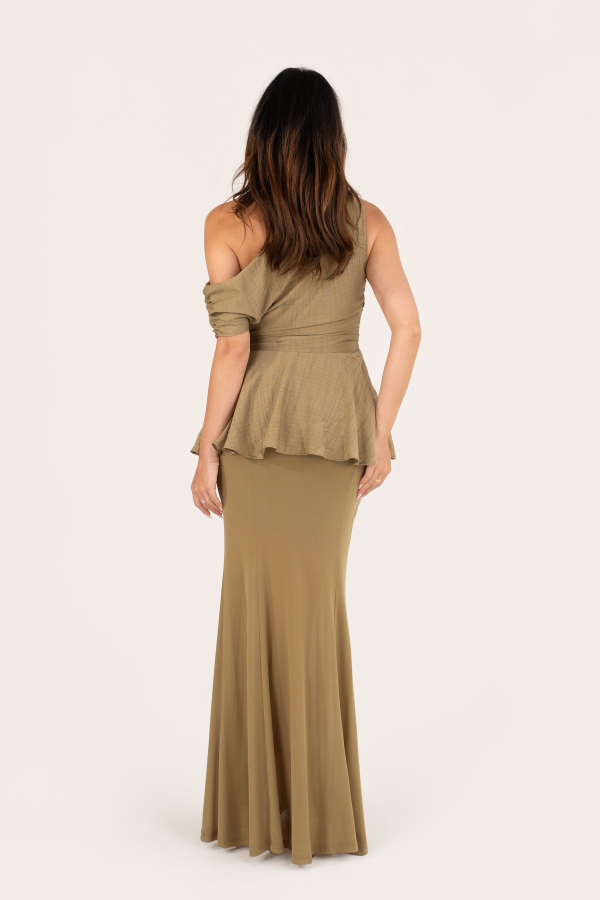 Loryn Olive Drop Shoulder Peplum Top & Maxi Skirt