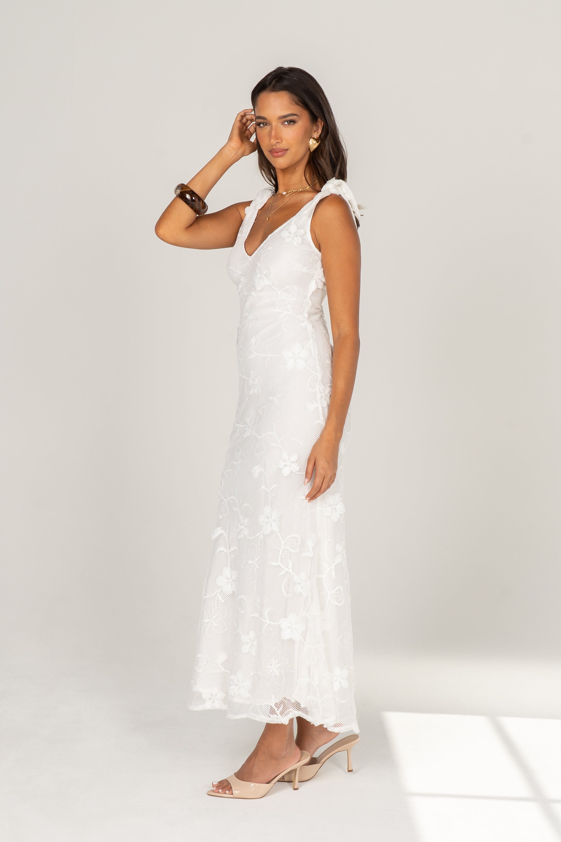 Mirella White Floral Lace Maxi with Shoulder Ties