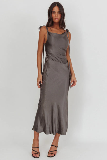 Glory Day Tied Shoulder Cowl Maxi Dress Charcoal