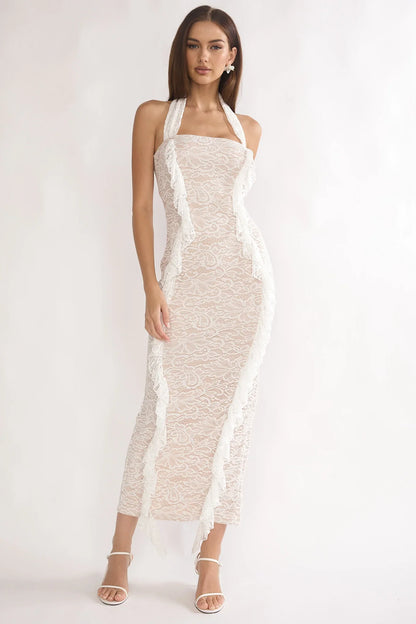Chiavari Ruffle Trim Lace Maxi Dress White