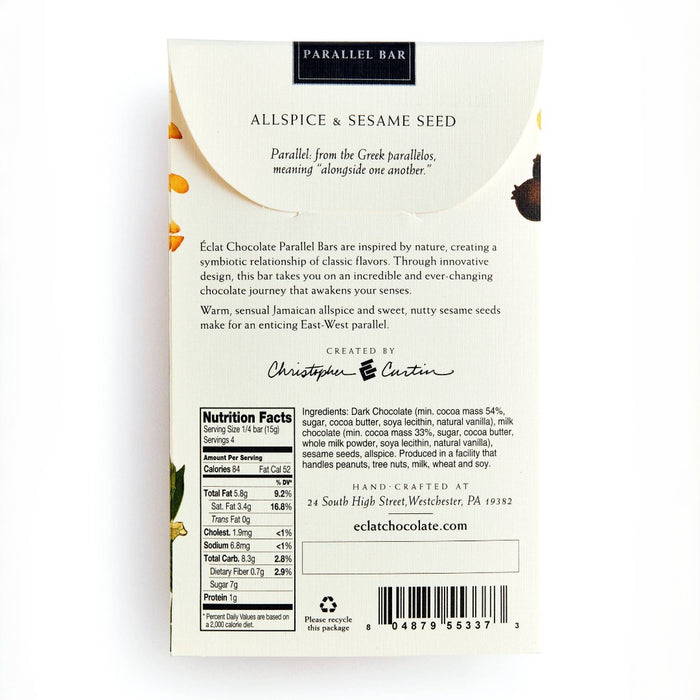 Back of a Parallel Bar Allspice & Sesame Seed chocolate bar package, showing product description, nutrition facts, ingredients, and branding on a white background.