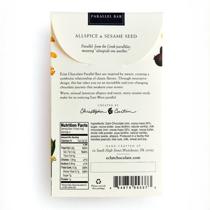Back of a Parallel Bar Allspice & Sesame Seed chocolate bar package, showing product description, nutrition facts, ingredients, and branding on a white background.
