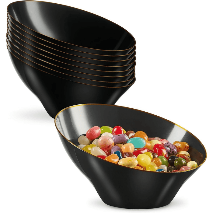 Angled Plastic Disposable Serving Bowls - Black/Gold Rim - 8 Pack - Wichita Home Outlet