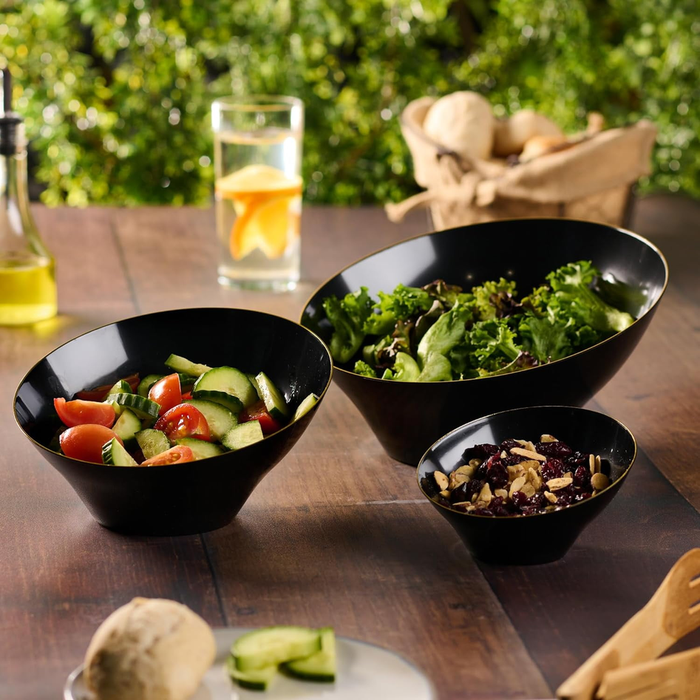 Angled Plastic Disposable Serving Bowls - Black/Gold Rim - 8 Pack - Wichita Home Outlet