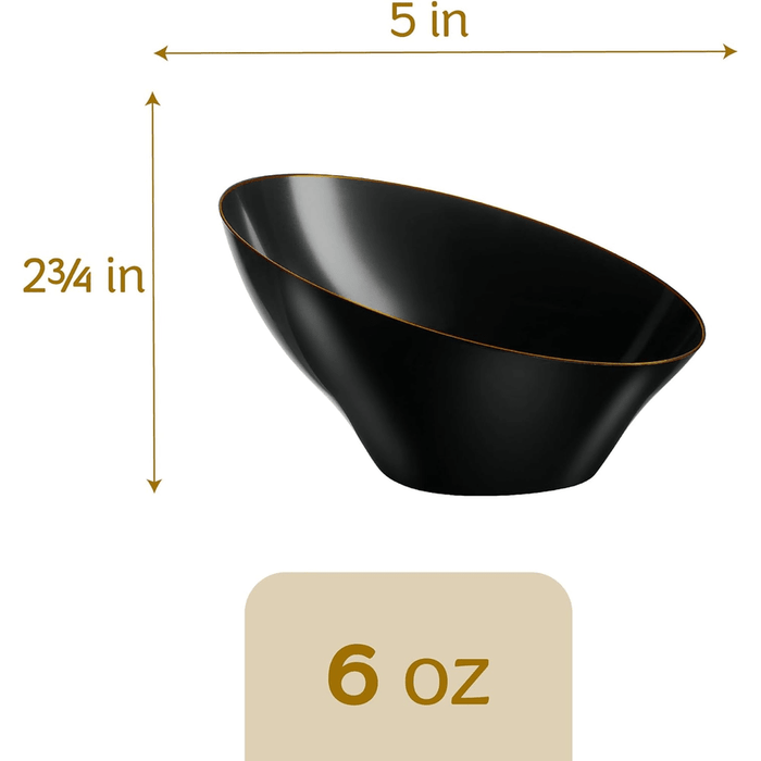 Angled Plastic Disposable Serving Bowls - Black/Gold Rim - 8 Pack - Wichita Home Outlet