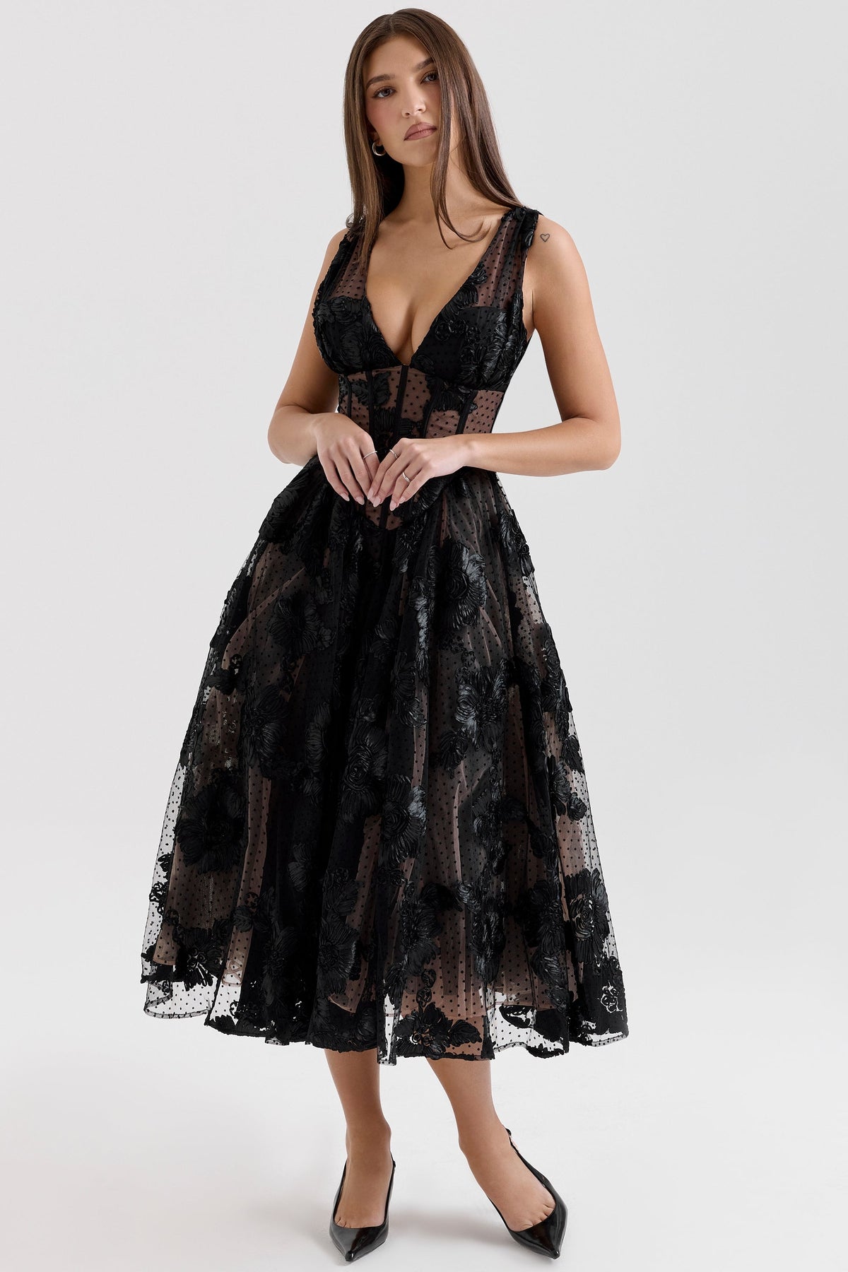 black embroidered tulle corset midi dress