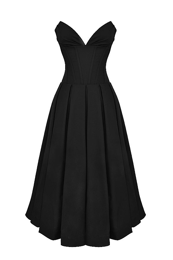 black strapless midi dress