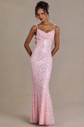 Embellished Open-Back Maxi Dress in Baby Pink