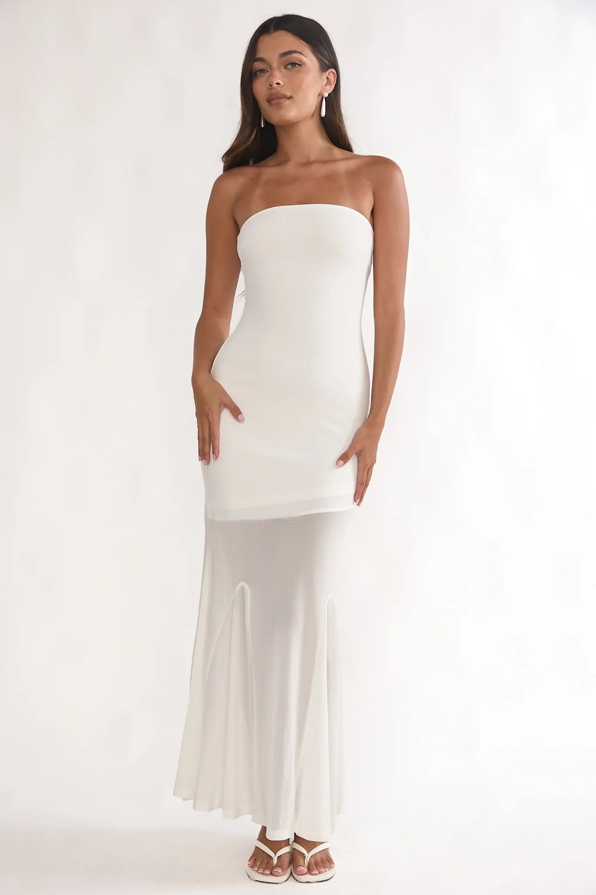 Calluna Strapless Sheer Godet Hem Maxi Dress White
