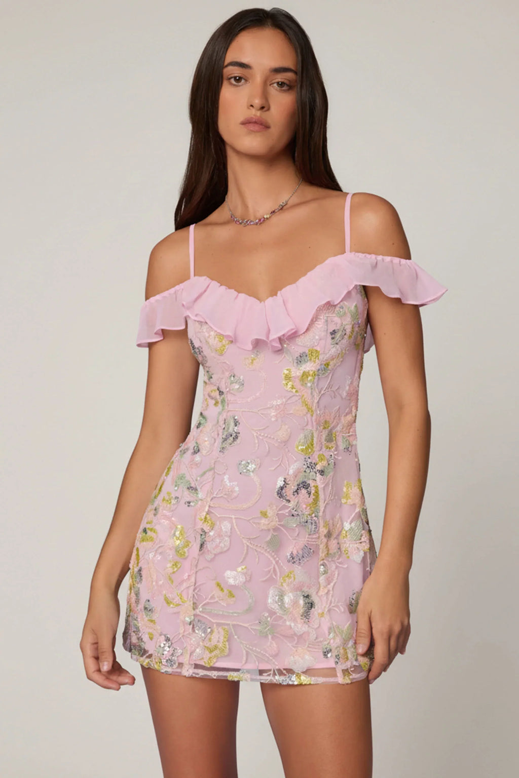 Embellished Lace-Up A-Line Mini Dress in Soft Pink