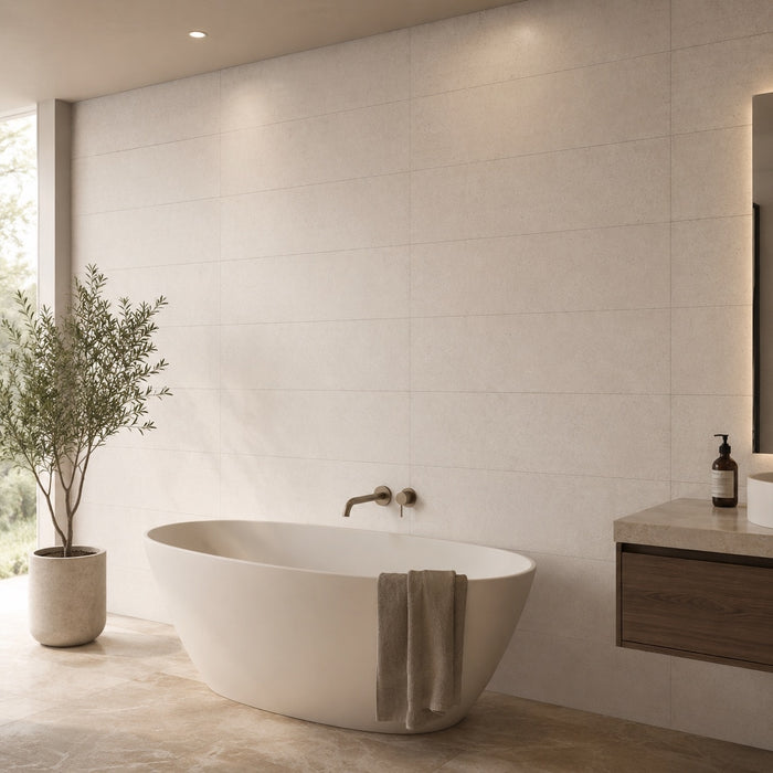 Caliza Natural 40 x 120cm matt rectified white body wall tiles with a natural limestone-effect finish, creating a contemporary feature wall in a modern bathroom.
