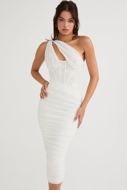 ivory asymmetric cutout midi dress