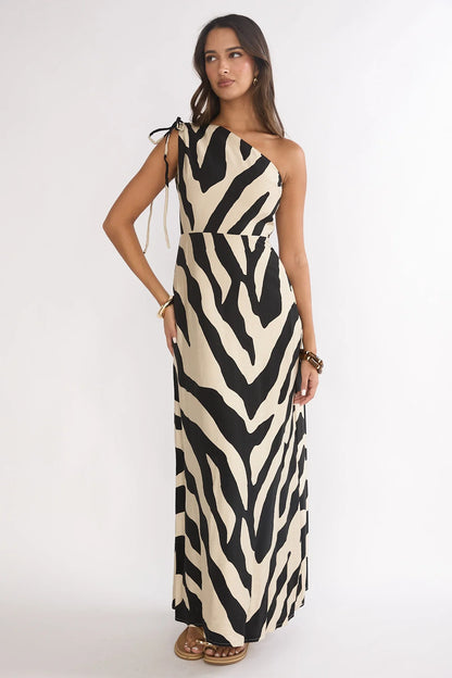 Tavina One-Shoulder Maxi Dress Zebra Black