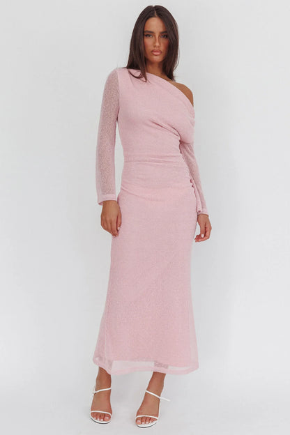 Alivya Asymmetric Neckline Knit Maxi Dress Pink