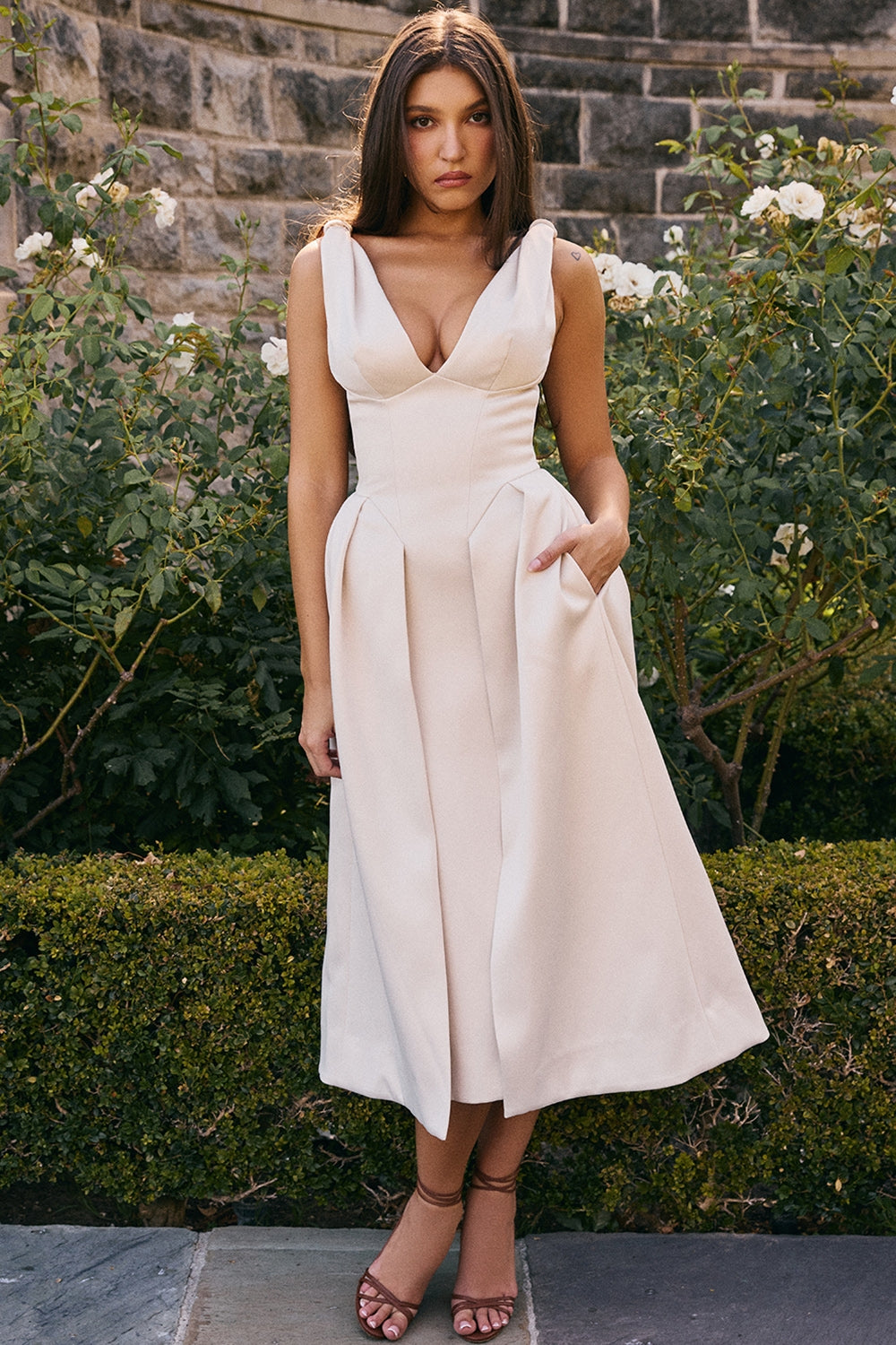 vintage cream satin pleated midi dress - sale