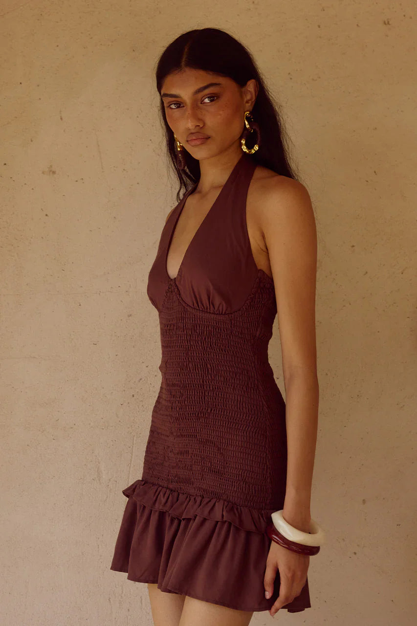 FLEUR SHIRRED HALTER MINI DRESSS - CHOCOLATE