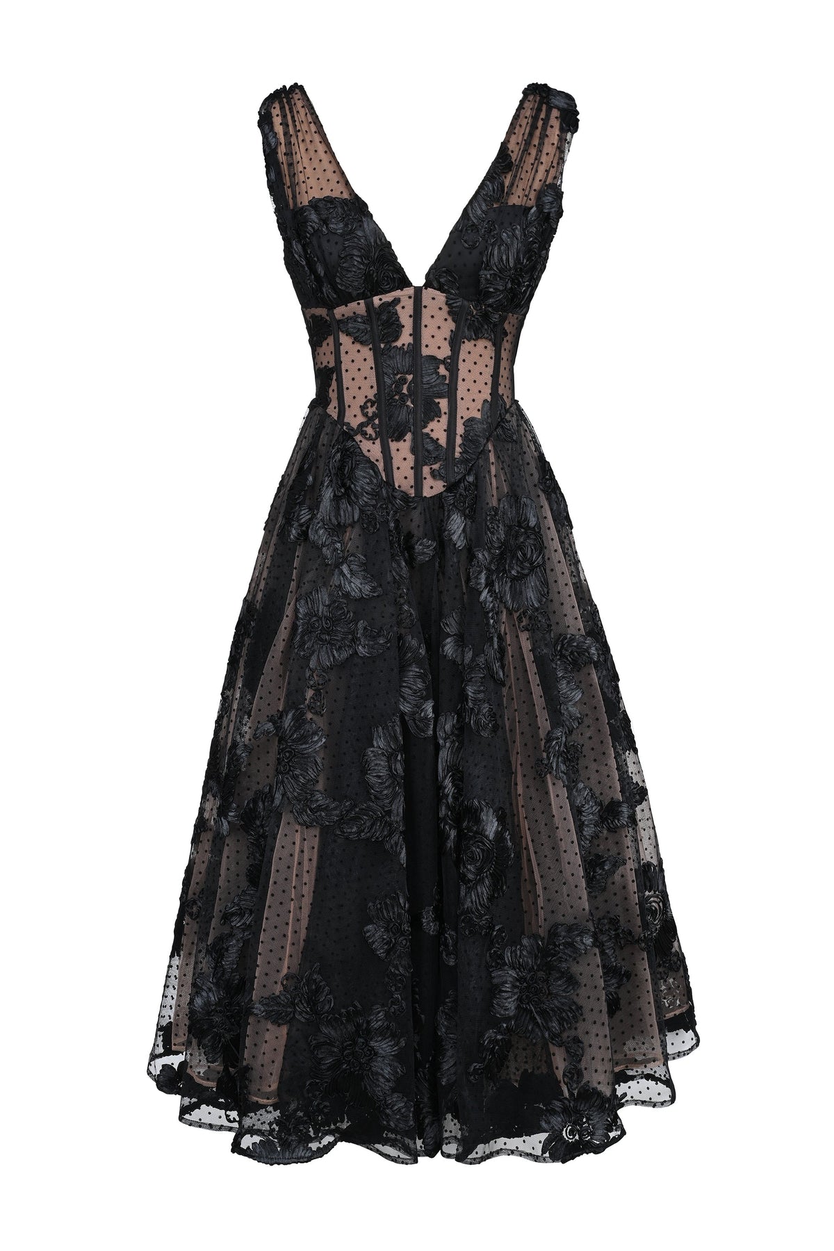 black embroidered tulle corset midi dress