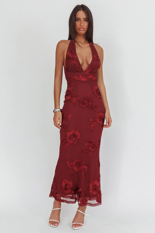 Cipriana Backless Halter Maxi Dress Embellished Wine