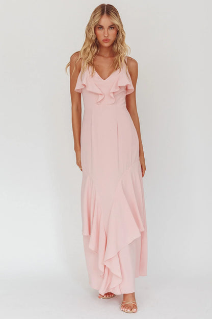 Firelights Ruffle Trim Maxi Dress Pink
