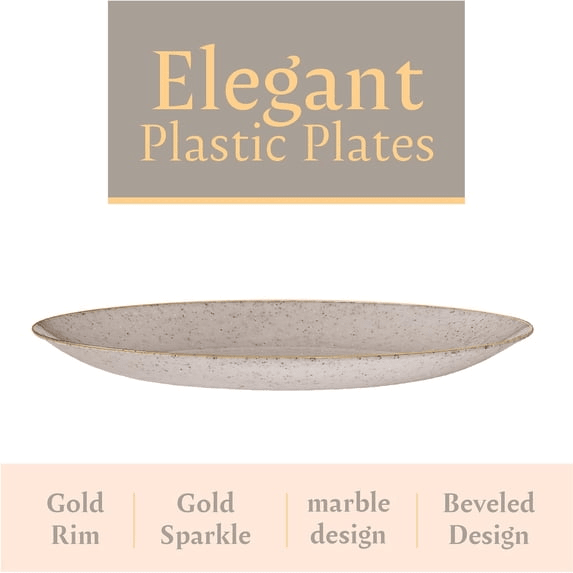 Elegant Plastic Dinner Plates - Granite/Gold Rim - 32 Pack - Wichita Home Outlet