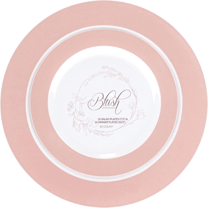 Elegant Plastic Dinner Plates Set Blush Rim Plastic Silverware, 32 Pack - Wichita Home Outlet