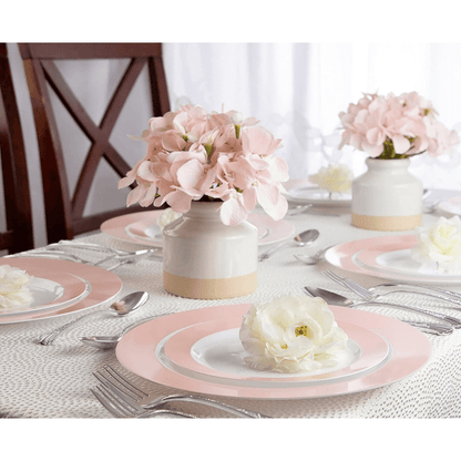 Elegant Plastic Dinner Plates Set Blush Rim Plastic Silverware, 32 Pack - Wichita Home Outlet