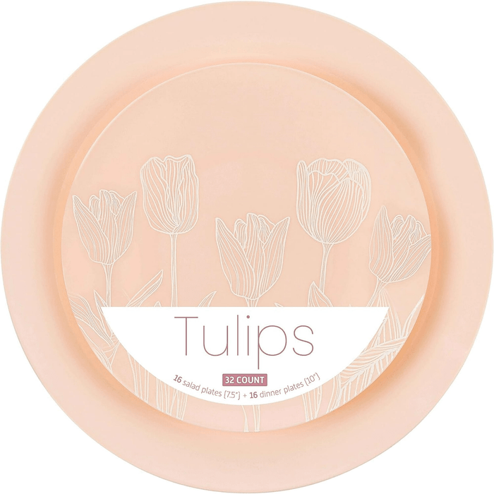 Elegant Plastic Dinner Plates Set Pink White Tulip Plastic Silverware, 32 Pack - Wichita Home Outlet