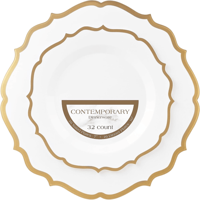 Elegant Plastic Dinner Plates White Gold - 32Pack - Wichita Home Outlet