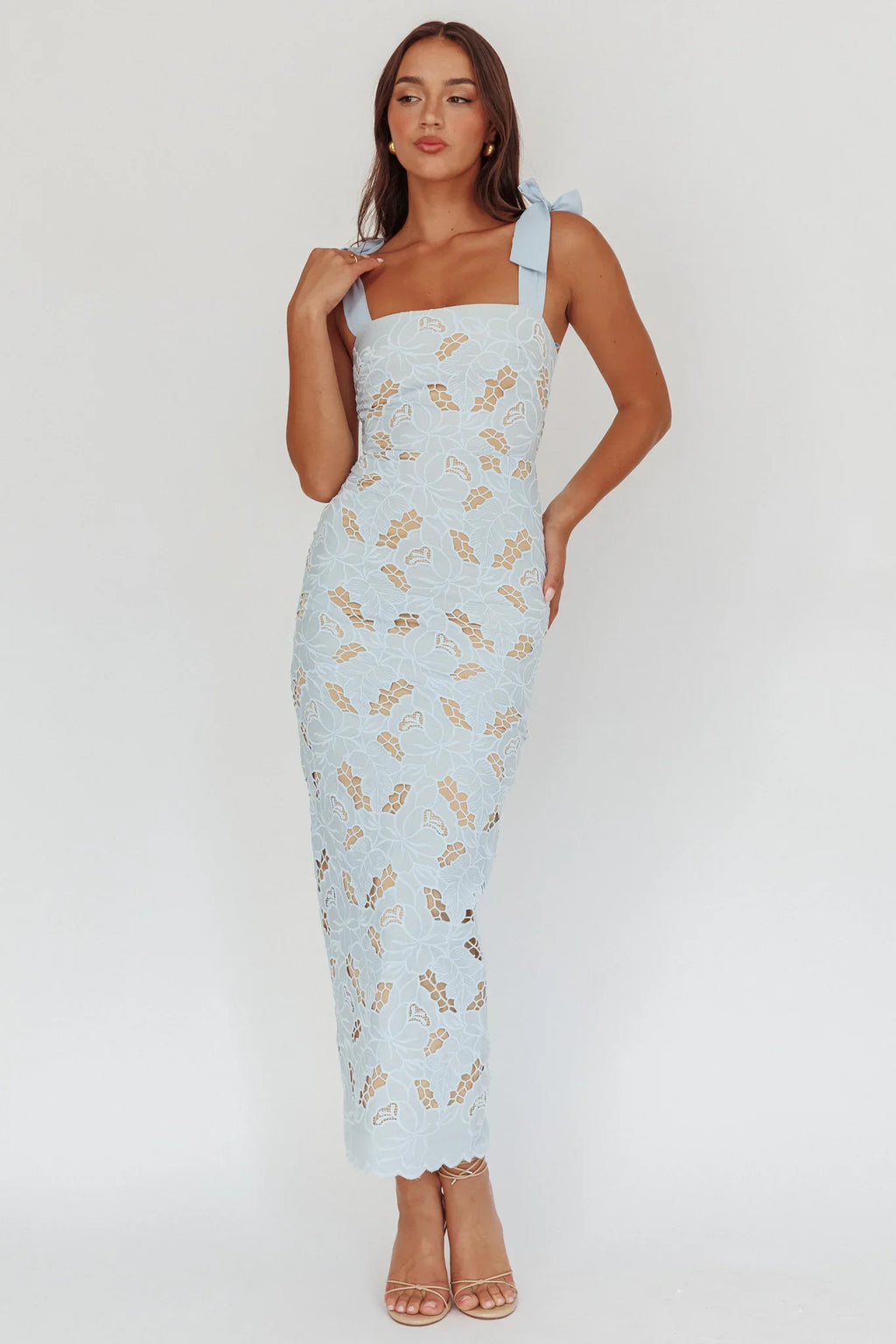 Coastal Bloom Tied Shoulder Maxi Dress Embroidered Baby Blue