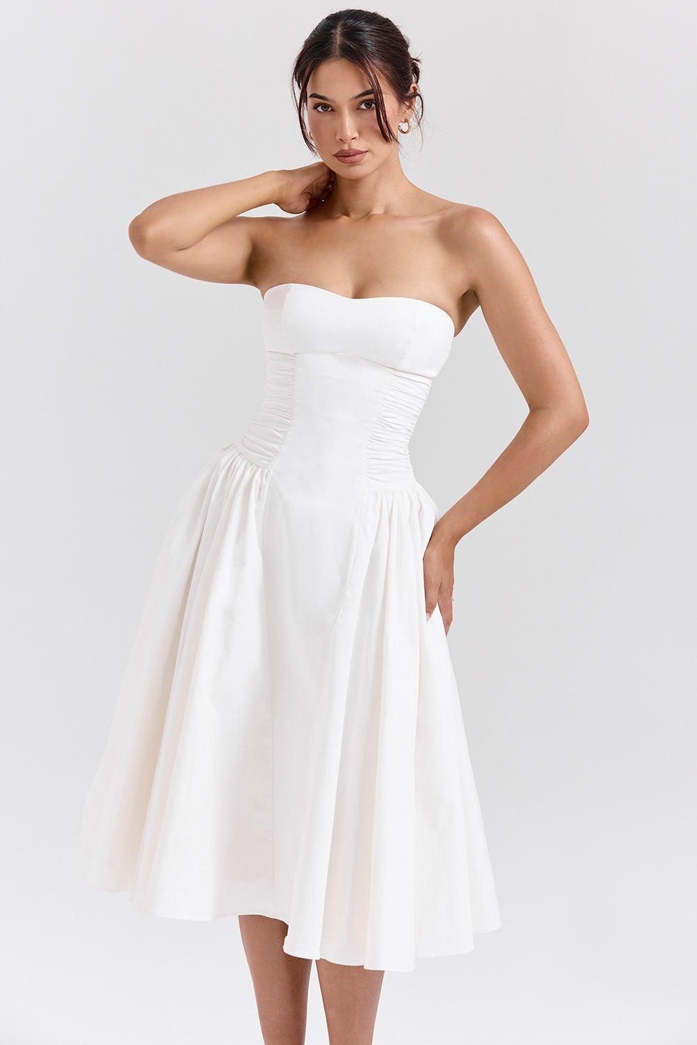 white cotton strapless midi sundress