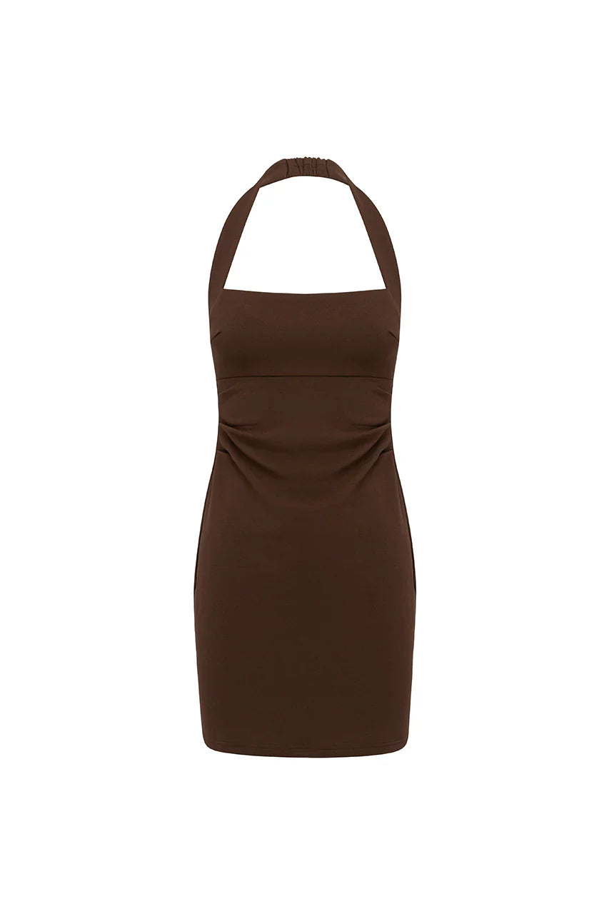 FRANCA HALTER MINI DRESS - BITTER CHOCOLATE