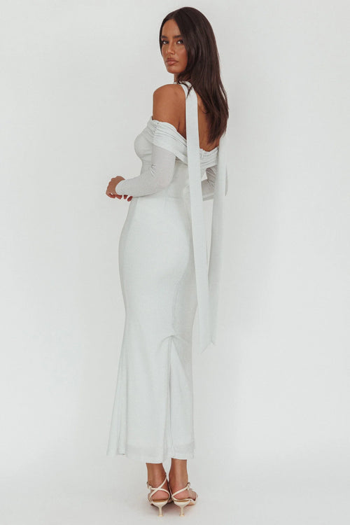 Flutters Off-Shoulder Long Sleeve Maxi Dress White