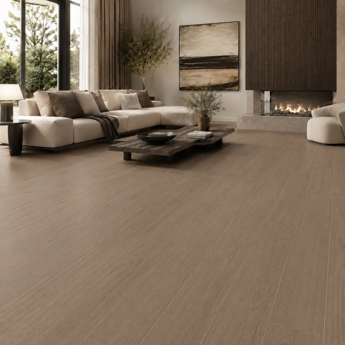 Fika Taupe 20 x 120cm rectified wood effect porcelain floor tile in a warm taupe finish, creating a natural timber appearance with the durability of porcelain.