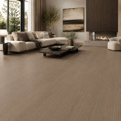 Fika Taupe 20 x 120cm rectified wood effect porcelain floor tile in a warm taupe finish, creating a natural timber appearance with the durability of porcelain.