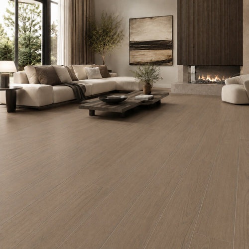 Fika Taupe 20 x 120cm rectified wood effect porcelain floor tile in a warm taupe finish, creating a natural timber appearance with the durability of porcelain.