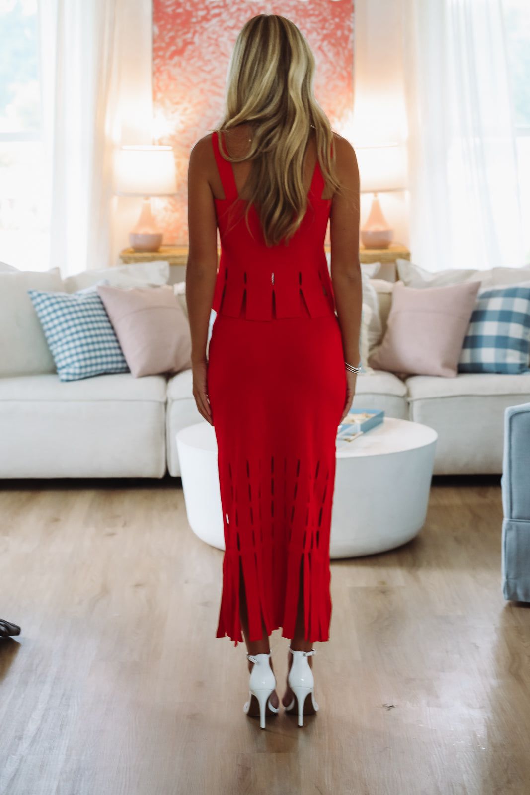 Tangerine Glow Midi Skirt -Red