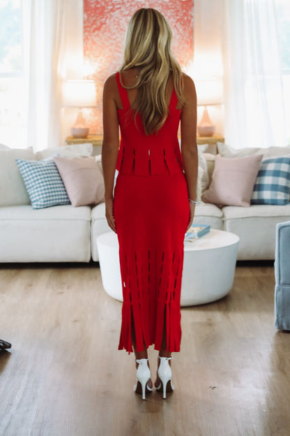 Tangerine Glow Midi Skirt -Red