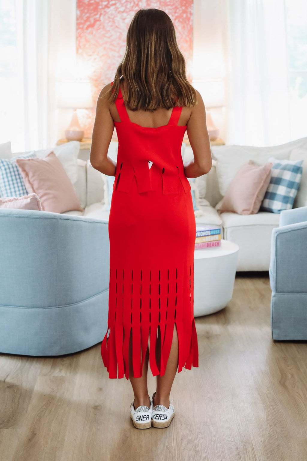 Tangerine Glow Midi Skirt -Red