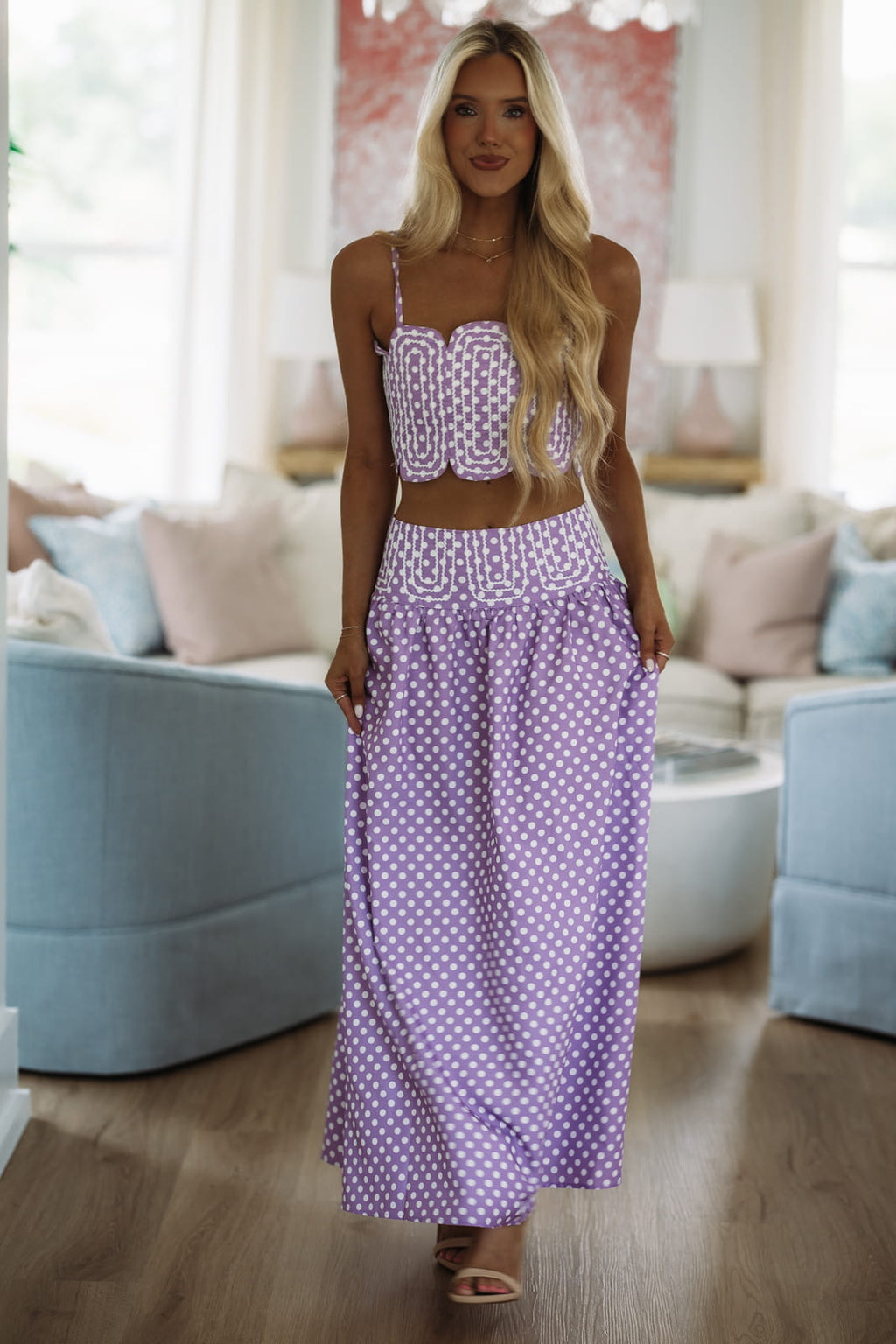 Marina Muse Dots Crop Top and Maxi Skirt Set - Purple and White
