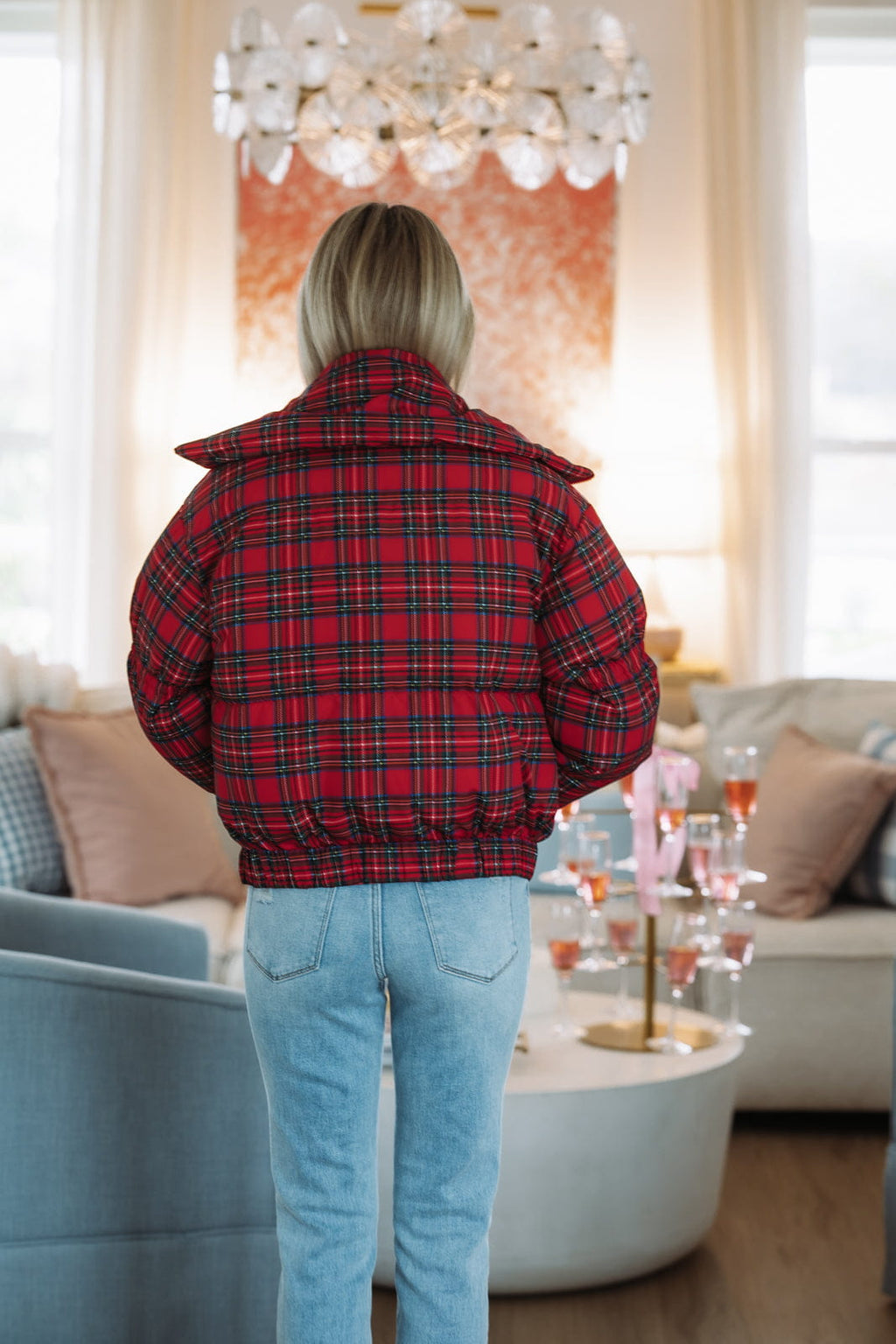 Merry Plaid Puffer Jacket - Red