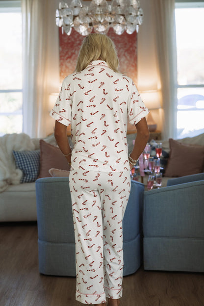 Candy Cane Nights Button Down Pajama Top - White and Red