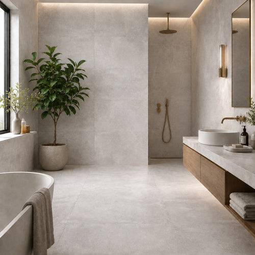 Iron Grey Matt 60 x 120cm rectified porcelain tiles with a subtle stone-effect finish, creating a contemporary luxury bathroom with seamless floor and wall installation.
