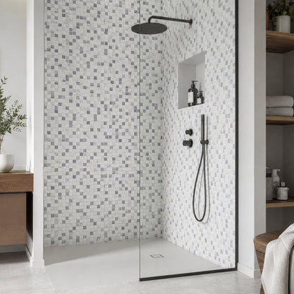 Livorno Square 31.1 x 31.1cm mosaic sheet featuring a blend of grey and white square mosaic tiles, creating a contemporary walk-in shower with a modern stone-effect finish.