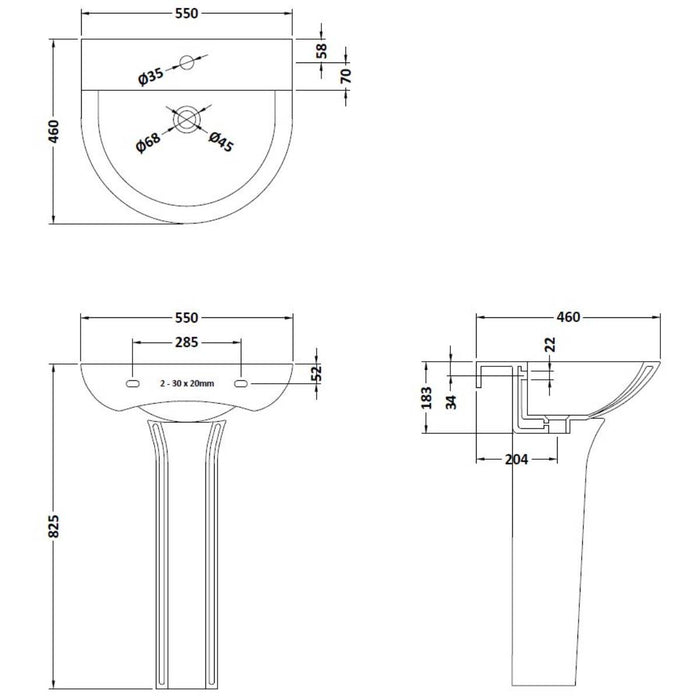 Nuie Freya 550mm Basin & Full Pedestal