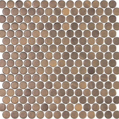 Close-up of round gold brown mosaic tiles with a subtle pattern