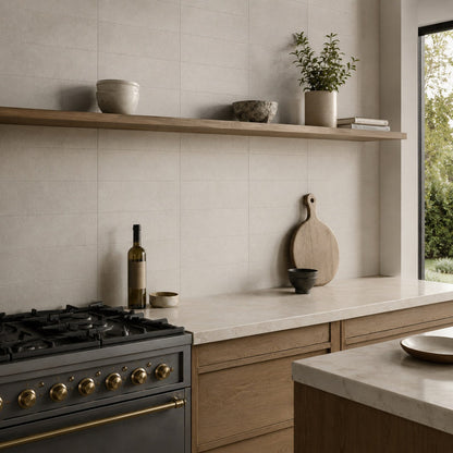 Polar Beige Base 10 x 30cm rectified porcelain wall tiles in a warm beige stone-effect finish, creating a natural, textured look.